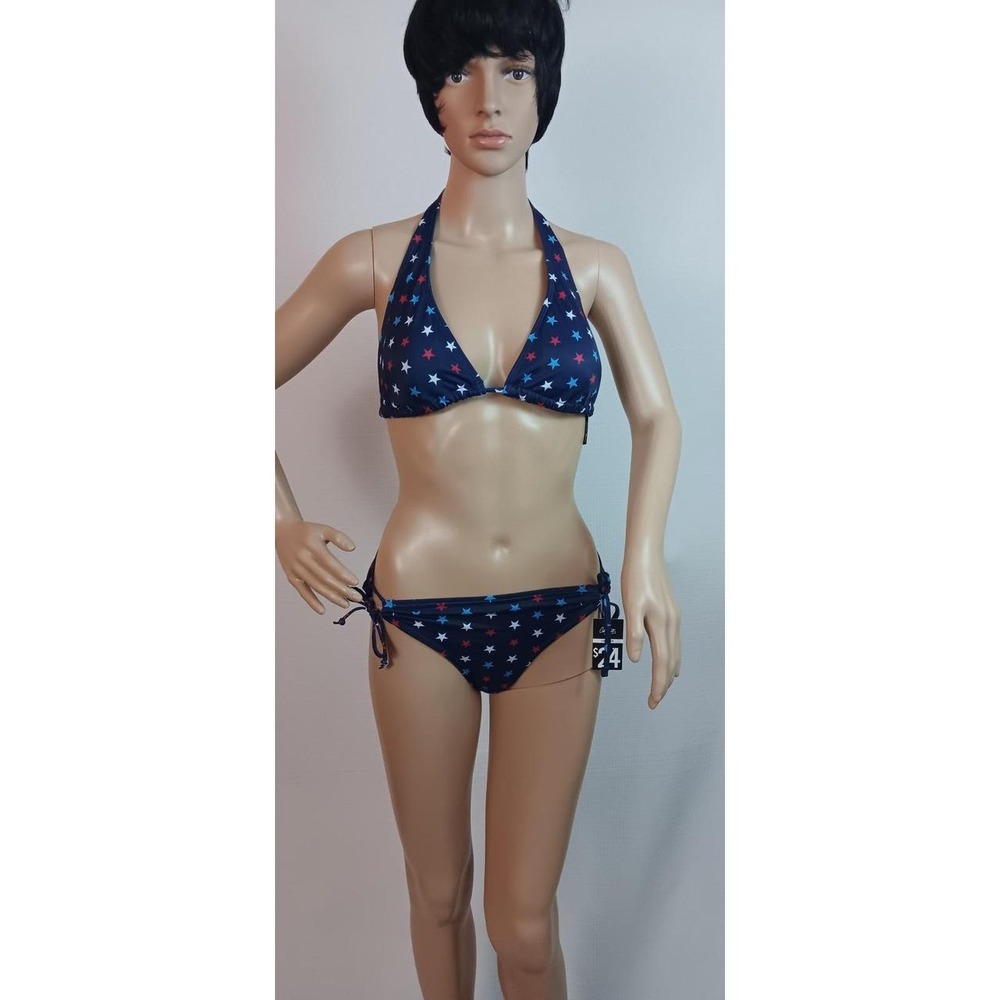 City Streets Womens 2 Piece Swimwear Halter Top Stars Print Red White Blue M